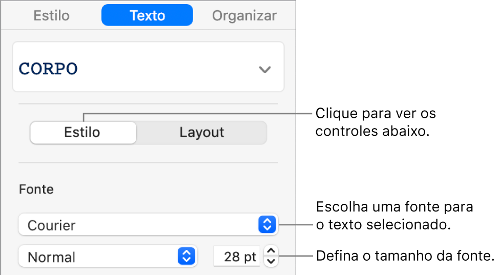 Controles de texto na seção Estilo da barra lateral para ajustar a fonte e o tamanho da fonte.