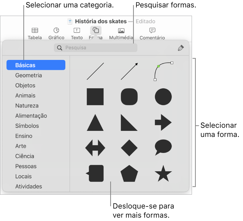 A biblioteca de formas, com as categorias listadas à esquerda e as formas exibidas na parte superior à direita. É possível usar o campo de pesquisa na parte superior para encontrar formas e deslocar-se para ver mais.