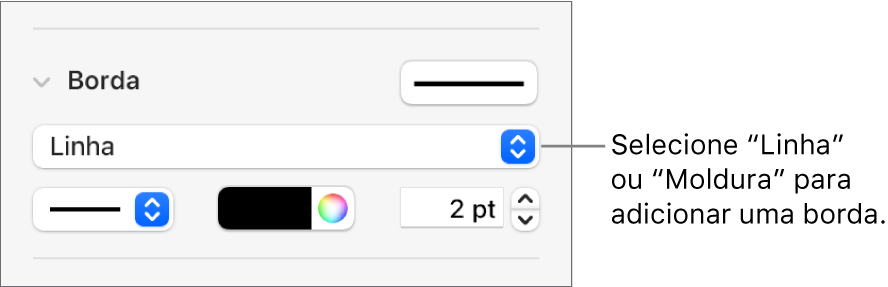 Os controlos de estilo de borda na barra lateral “Formatação” com “Linha” selecionada como o tipo de borda.