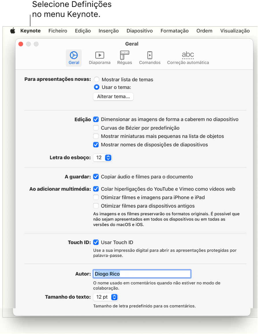 A janela de definições do Keynote aberta no painel Geral.