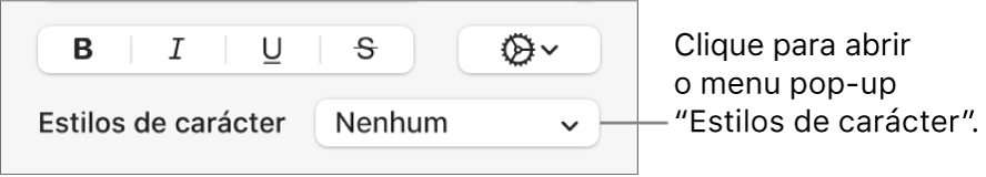 O menu pop-up “Estilos de carácter” por baixo dos controlos para alterar o estilo e cor.