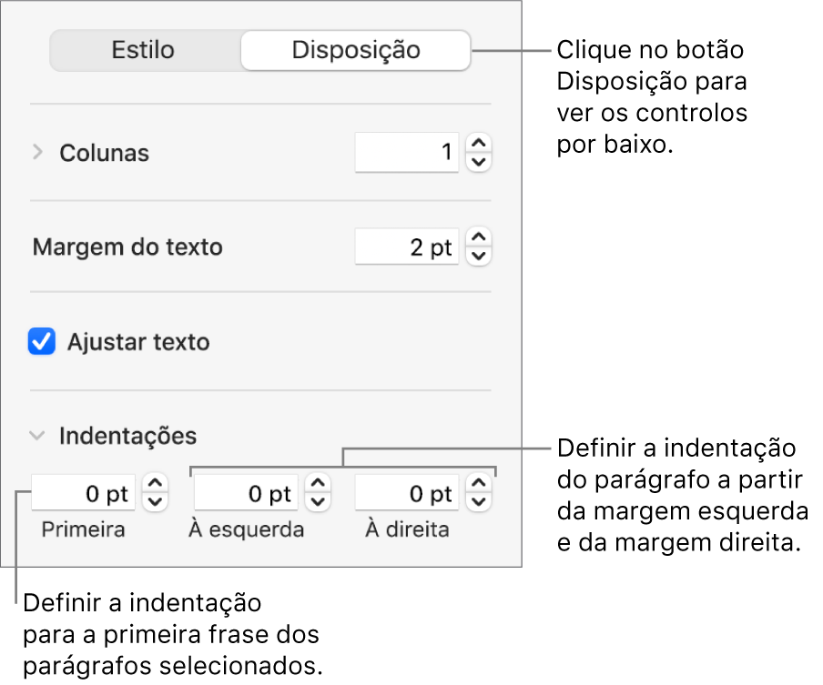 A secção Disposição da barra lateral Formatação a mostrar controlos para definir a indentação da primeira linha e as margens de parágrafo.