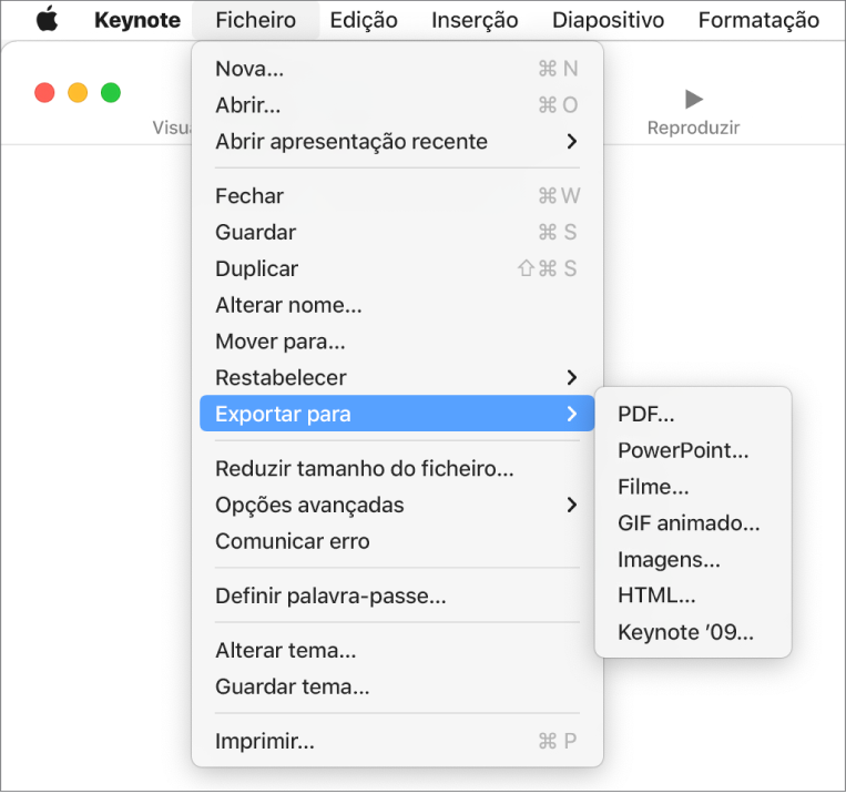 O menu Ficheiro com a opção “Exportar para” selecionada e o respetivo submenu a mostrar opções de exportação para PDF, PowerPoint, Filme, HTML, Imagens e Keynote '09.