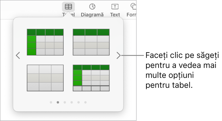 Panoul Adaugă tabel cu săgeți de navigare în partea stângă și dreaptă.