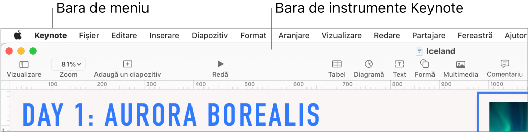 Bara de meniu din partea de sus a ecranului cu meniurile Apple, Keynote, Fișier, Editare, Inserare, Format, Aranjare, Vizualizare, Redare, Partajare, Fereastră și Ajutor. Sub bara de meniu se află o prezentare Keynote deschisă cu butoanele din bara de instrumente de-a lungul părții de sus pentru Vizualizare, Zoom, Adaugă un diapozitiv, Redare, Tabel, Diagramă, Text, Formă și Multimedia.