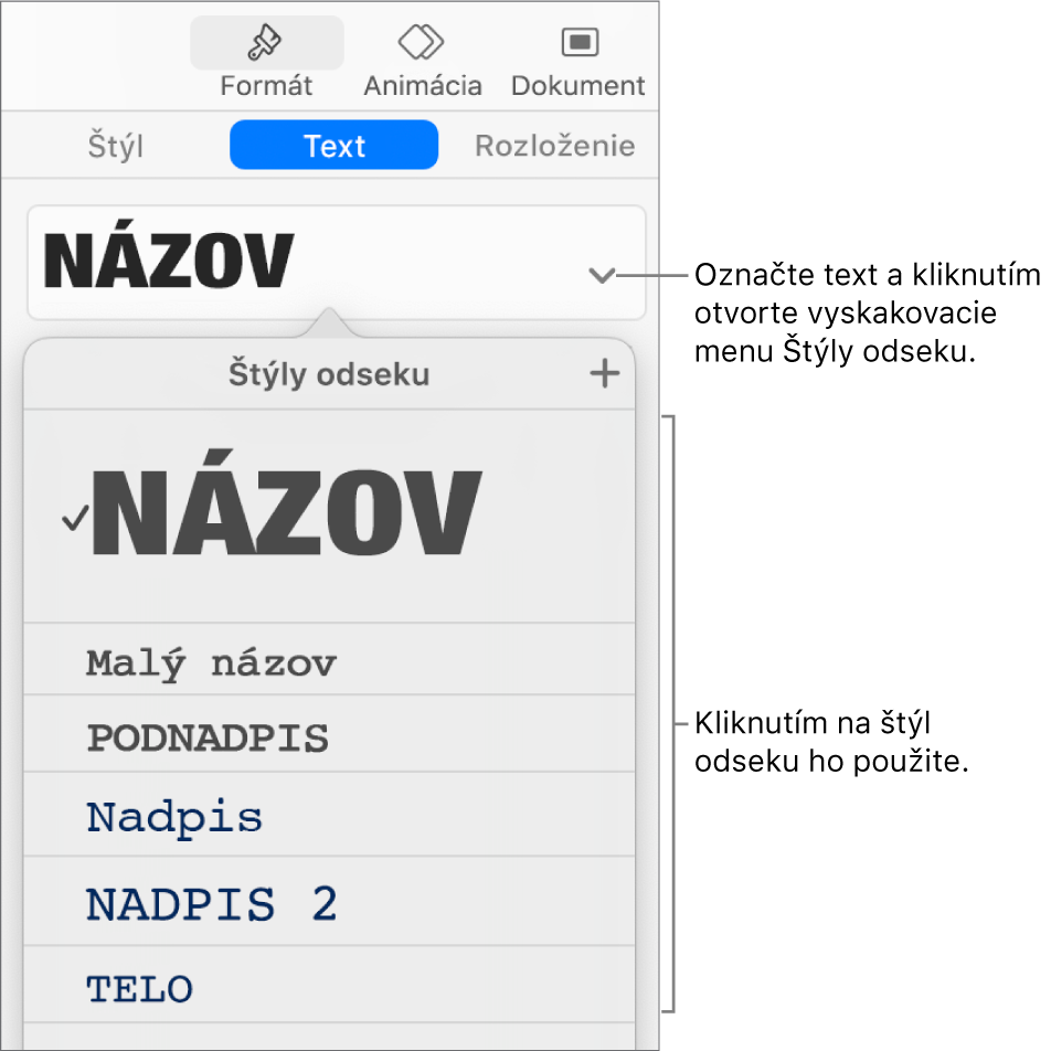 Menu Štýly odseku so symbolom zaškrtnutia vedľa označeného štýlu.