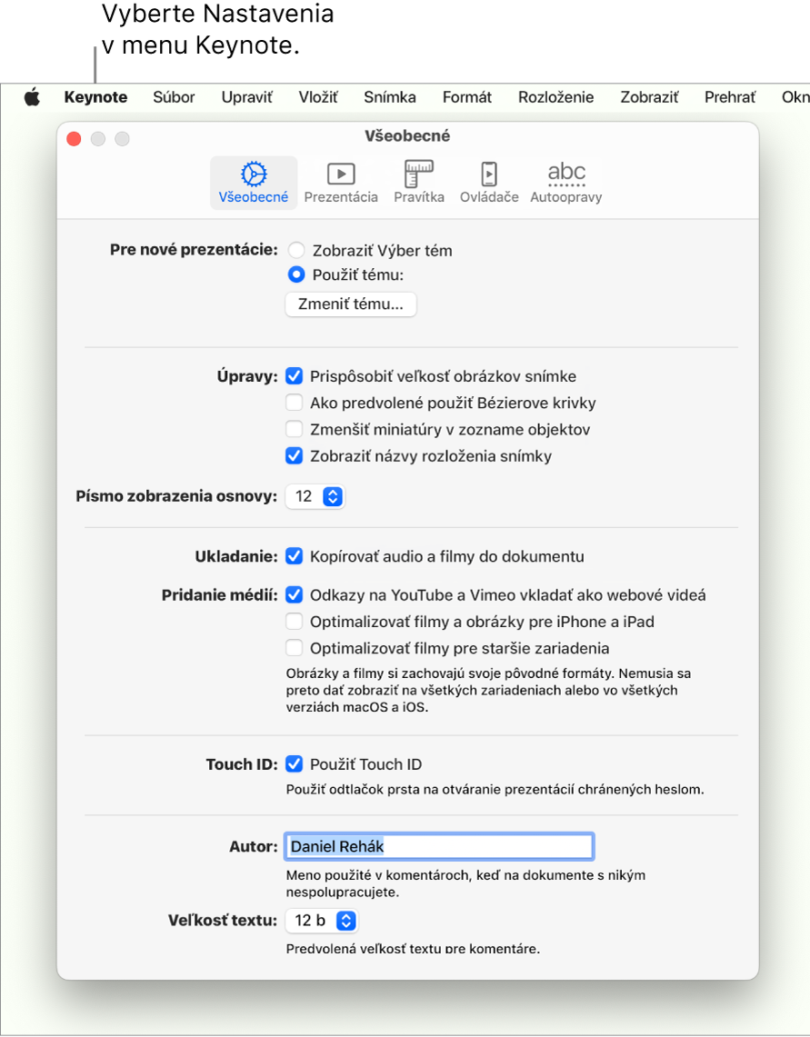 Okno nastavení Keynote s otvoreným panelom Všeobecné.