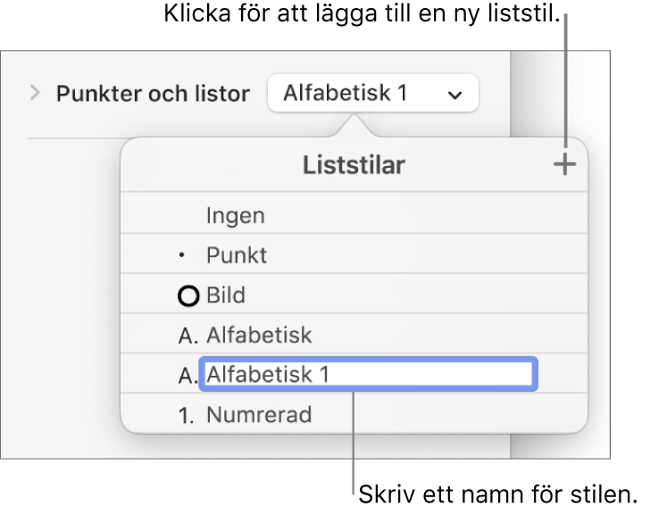 Popupmenyn Liststilar med en lägg till-knapp i det övre högra hörnet och ett platshållarstilnamn med markerad text.