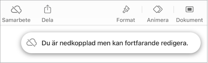 Knapparna överst på skärmen med knappen Samarbete ändrad till ett moln med ett diagonalt streck genom det. Ett meddelande på skärmen säger Du är nedkopplad men kan fortfarande redigera.