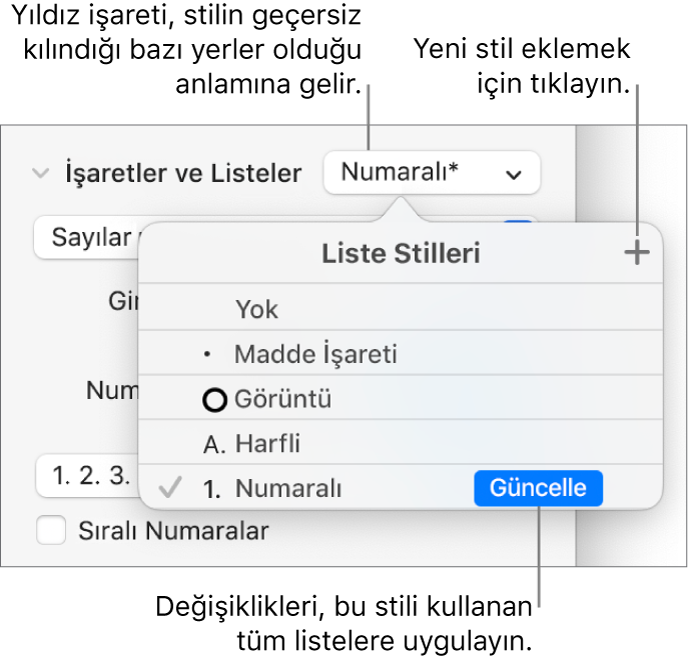 Bir geçersiz kılmayı gösteren bir yıldız işaretinin ve Yeni Stil düğmesi belirtimlerinin göründüğü Liste Stilleri açılır menüsü ve stilleri yönetme seçeneklerini içeren bir alt menü.