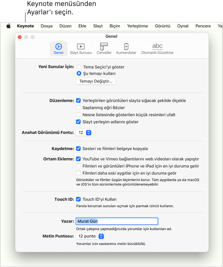 Keynote ayarları penceresinde Genel bölümü açık.