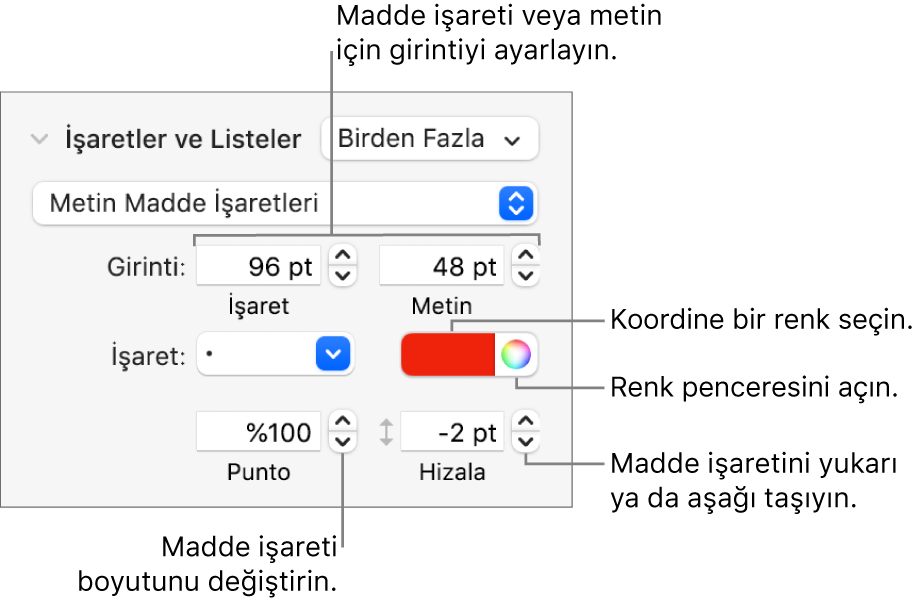 Madde işareti ve metin girintisi, madde işareti rengi, madde işareti büyüklüğü ve hizalaması için denetim belirtimlerini içeren İşaretler ve Listeler bölümü.