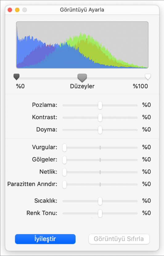 Pozlama, kontrast, doygunluk, vurgu, gölge, netlik, parazitten arındırma, sıcaklık ve renk tonu ayarlama sürgülerinin bulunduğu Görüntüyü Ayarla penceresi.