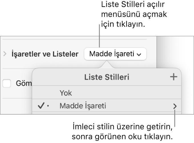 Tek stil seçili ve en sağında bir ok ile Liste Stilleri açılır menüsü.