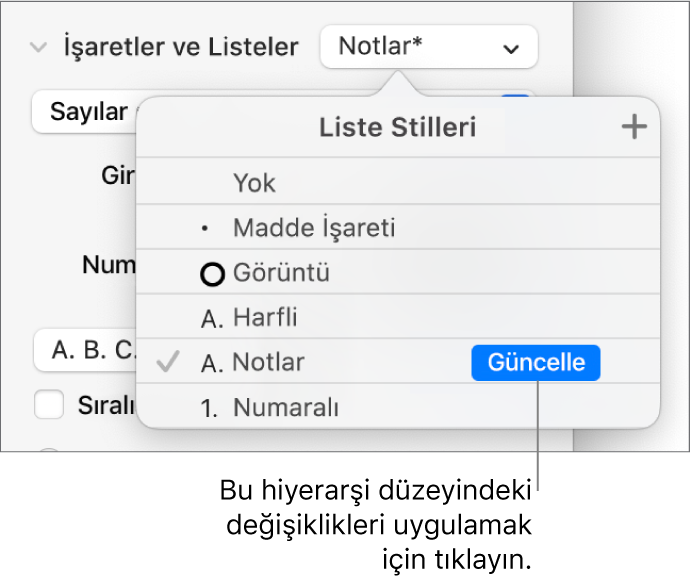 Yeni stilin adının yanında Güncelleme düğmesi olan Liste Stilleri açılır menüsü.