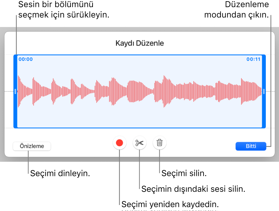 Kaydedilen sesi düzenleme denetimleri. Tutamaklar kaydın seçilen kısmını gösterir; Önizleme, Kaydet, Kes, Sil ve Düzen Modu düğmeleri aşağıdadır.