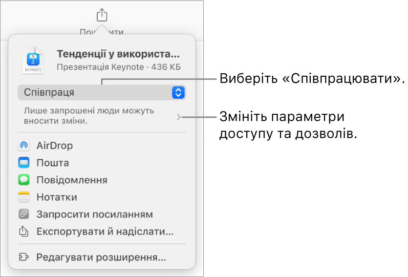 Меню «Поширити» з вибраним угорі елементом «Співпраця», а також параметрами доступу й дозволів унизу.