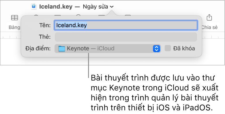 Hộp thoại Lưu cho bài thuyết trình với Keynote – iCloud trong menu bật lên Vị trí.