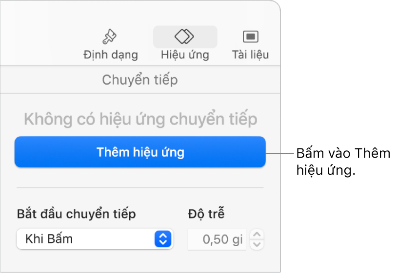 Nút Thêm hiệu ứng trong phần Hiệu ứng của thanh bên.