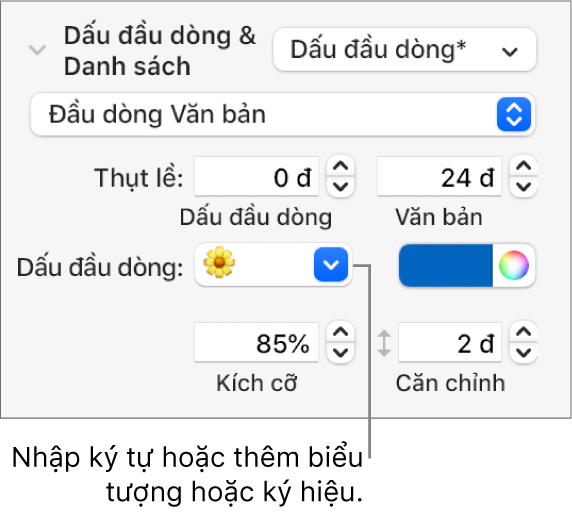 Phần Dấu đầu dòng & Danh sách của thanh bên Định dạng. Trường Đầu dòng hiển thị một biểu tượng bông hoa.