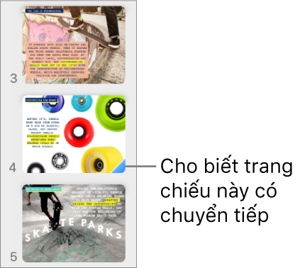 Tam giác màu lam trên trang chiếu biểu thị rằng trang chiếu được áp dụng hiệu ứng chuyển tiếp.