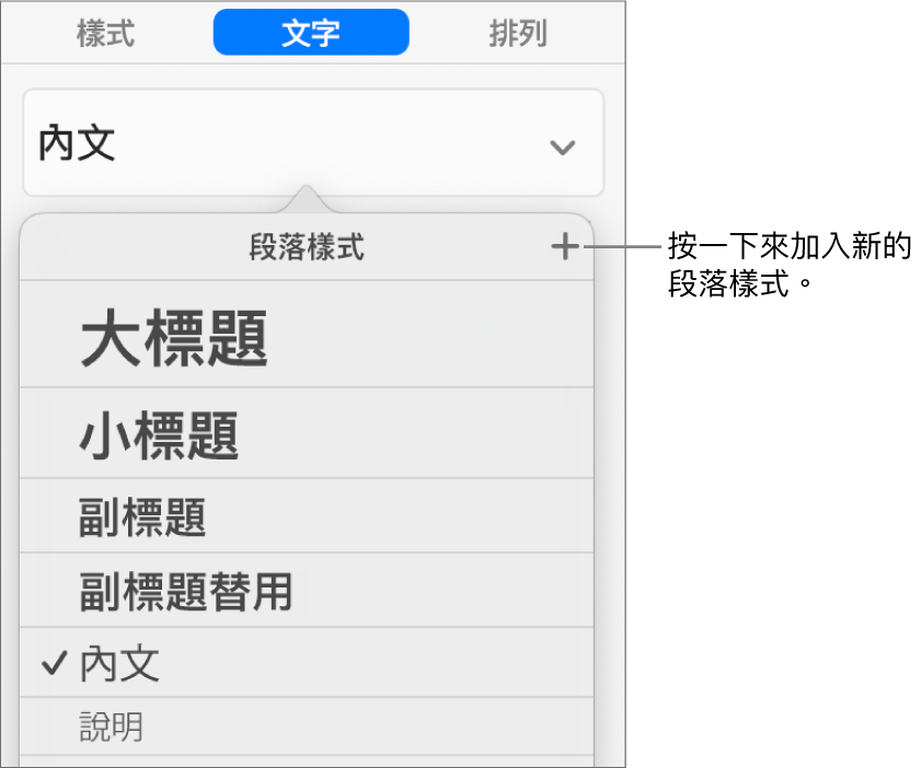 「段落樣式」選單，說明文字指向「新增樣式」按鈕。