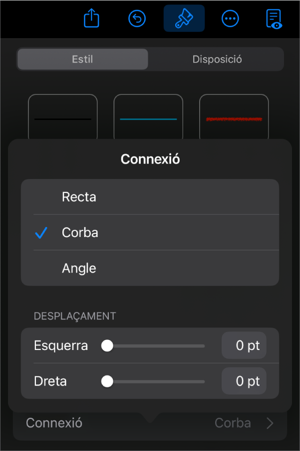 Els controls Connexió amb l’opció Corba seleccionada.