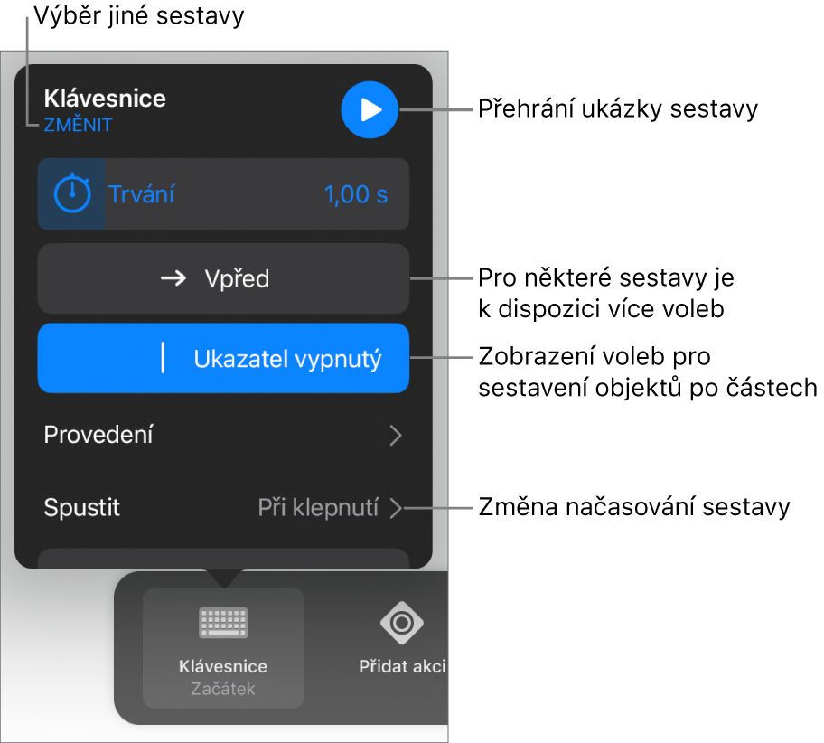 K volbám sestavy patří Trvání, Provedení a Prodleva začátku Chcete-li vybrat jinou sestavu, klepněte na Změnit. Klepnutím na Náhled spustíte náhled sestavy