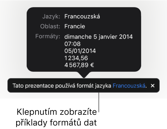 Upozornění na odlišné nastavení jazyka a oblasti s ukázkami formátování pro daný jazyk a oblast