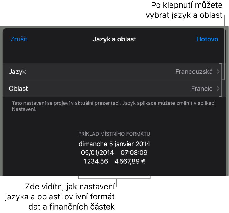 Panel Jazyk a oblast obsahující ovládací prvky pro jazyk a oblast a ukázku formátu, včetně data, času, desetinného oddělovače a měny.