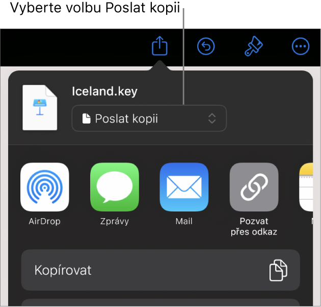 Nabídka sdílení, v níž je nahoře vybraná volba Poslat kopii