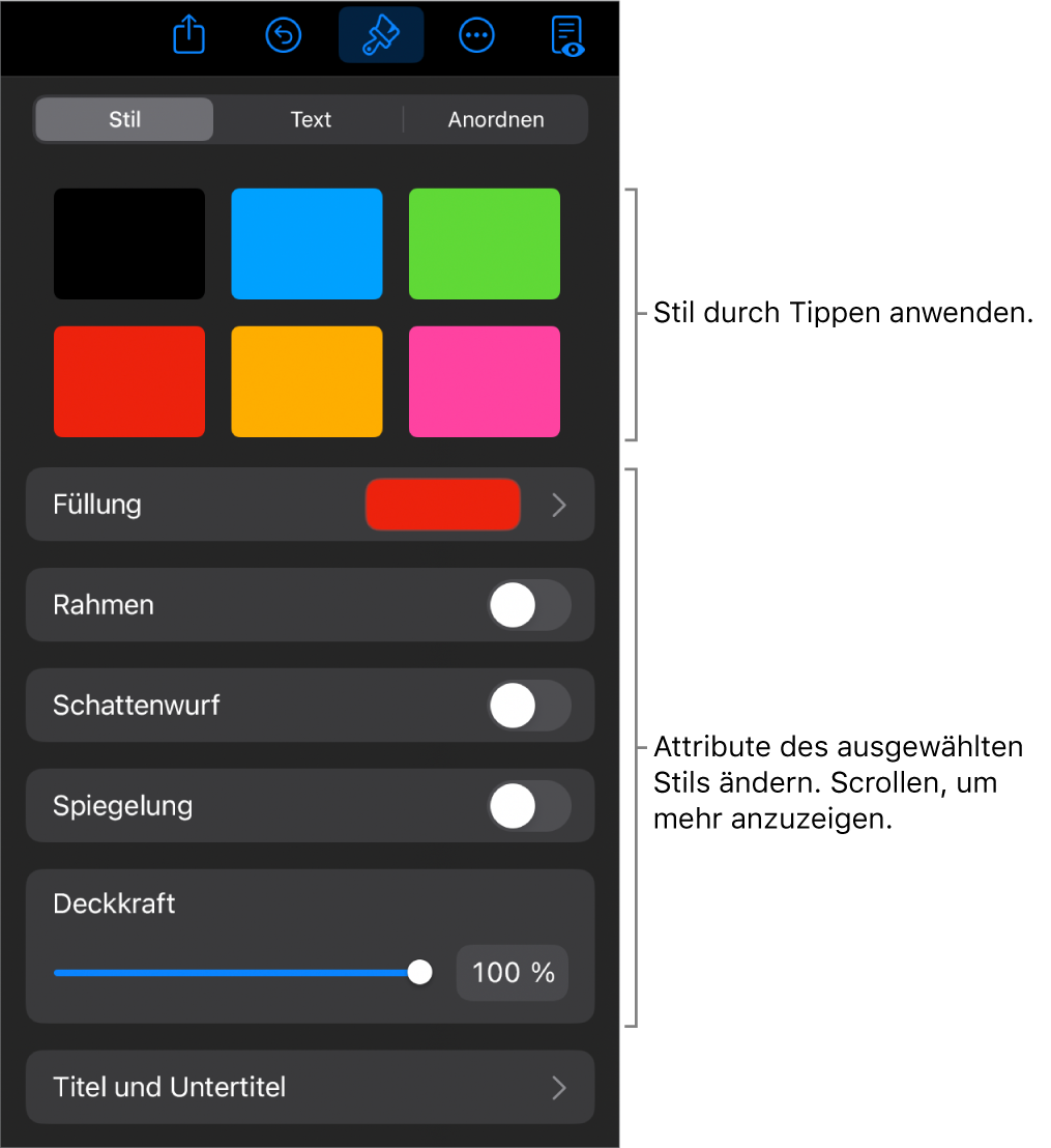 Der Tab „Stil“ des Menüs „Format“ mit Objektstilen oben und Steuerelementen zum Ändern des Rahmens, des Schattens, der Reflexion und der Deckkraft darunter.