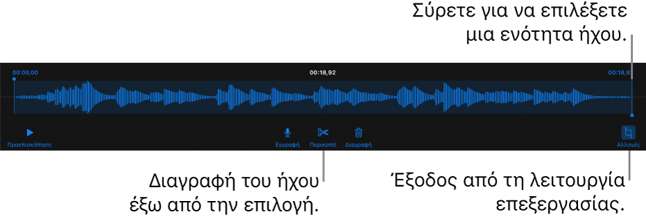 Στοιχεία ελέγχου για επεξεργασία ήχου εγγραφής. Λαβές που υποδεικνύουν την επιλεγμένη ενότητα της εγγραφής και τα κουμπιά «Προεπισκόπηση», «Περικοπή», «Διαγραφή» και «Επεξεργασία» από κάτω.