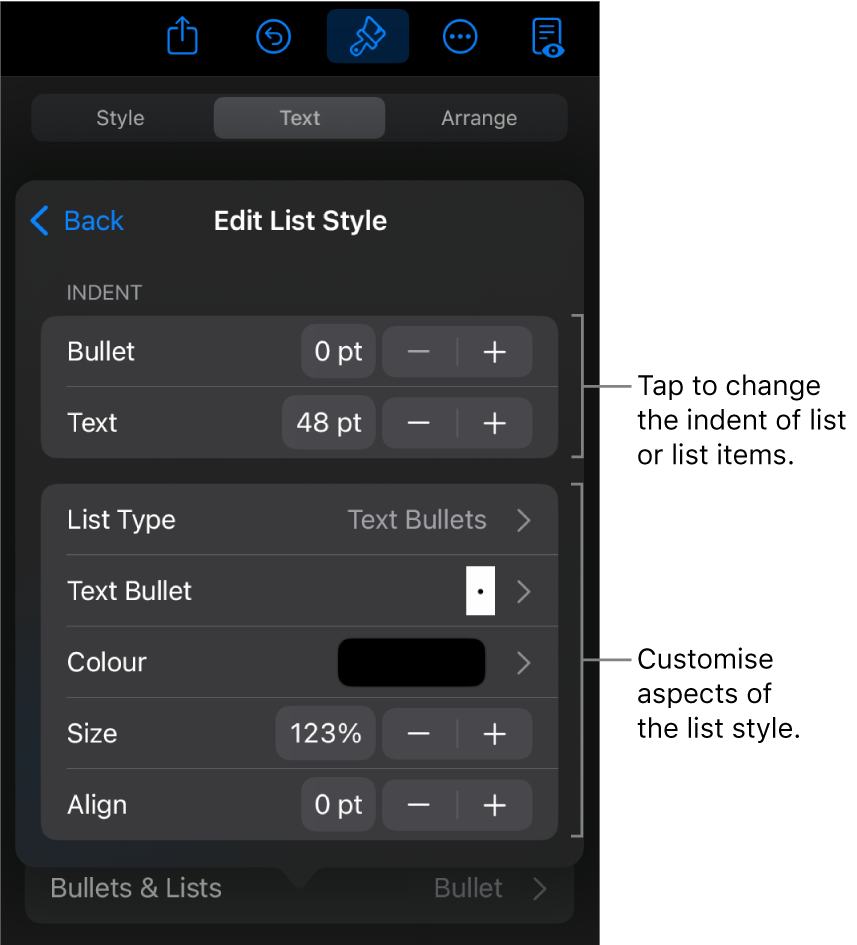 Edit List Style menu with controls for editing the list’s type and appearance.