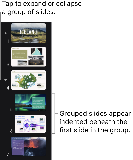 Slide navigator showing indented slides.