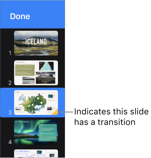 A yellow triangle on a slide indicates the slide has a transition.