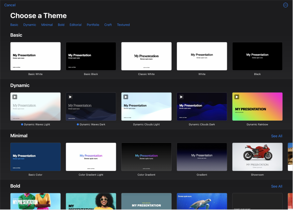 The theme chooser, showing a row of categories across the top that you can tap to filter the options. The More button is in the top-right corner, where you can set Standard or Wide format and set formatting for a specific language or region. Below are thumbnails of predesigned themes arranged in rows by category. A See All button appears above and to the right of each category row.