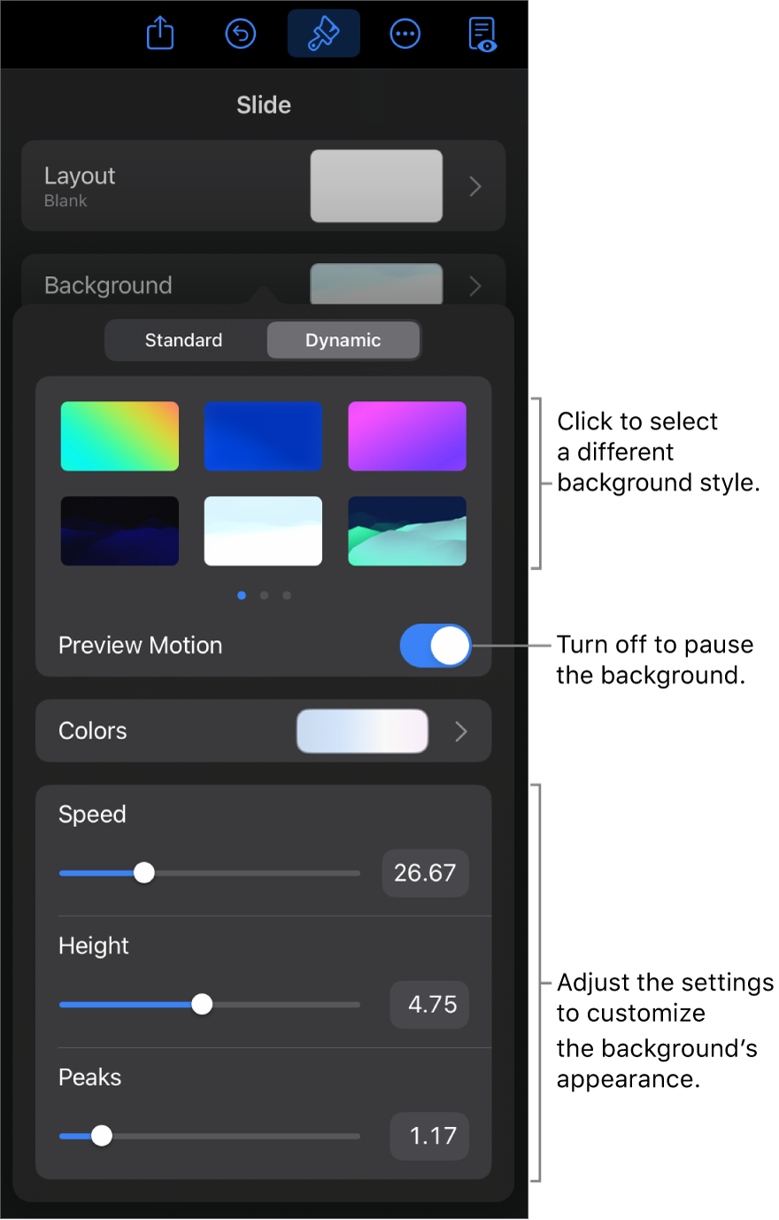 The dynamic background controls with the background style thumbnails, Preview Motion button, and customization controls displayed.