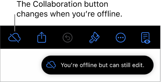 The buttons at the top of the screen, with the Collaboration button changed to a cloud with a diagonal line through it. An alert on the screen says “You’re offline but can still edit.”