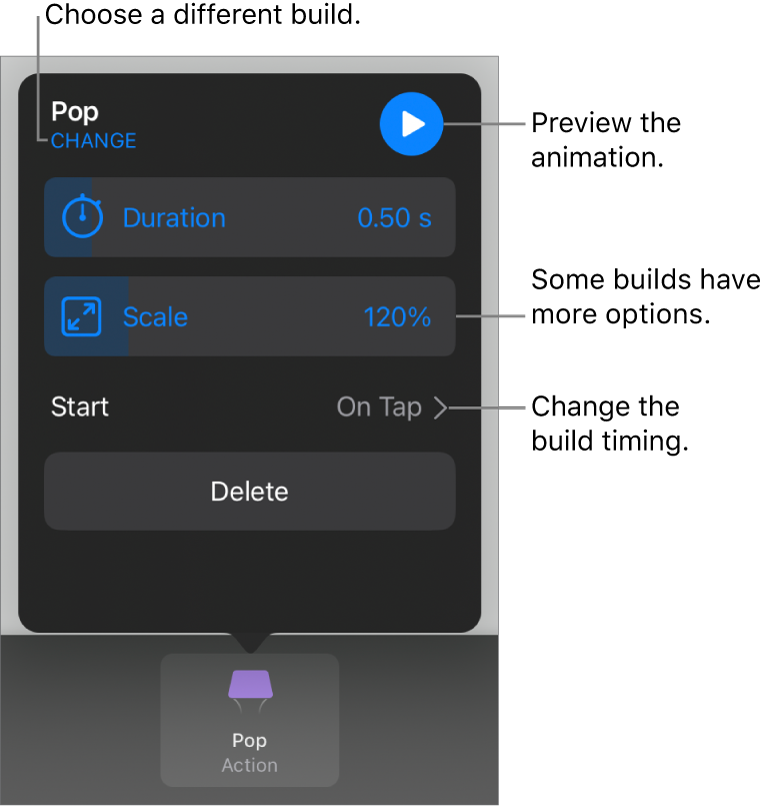 Build options include Duration and Start timing. Tap Change to choose a different build, or tap Preview to preview the build.