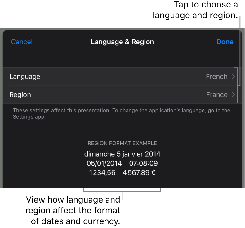Language and Region pane with controls for language and region, and a format example including date, time, decimal, and currency.