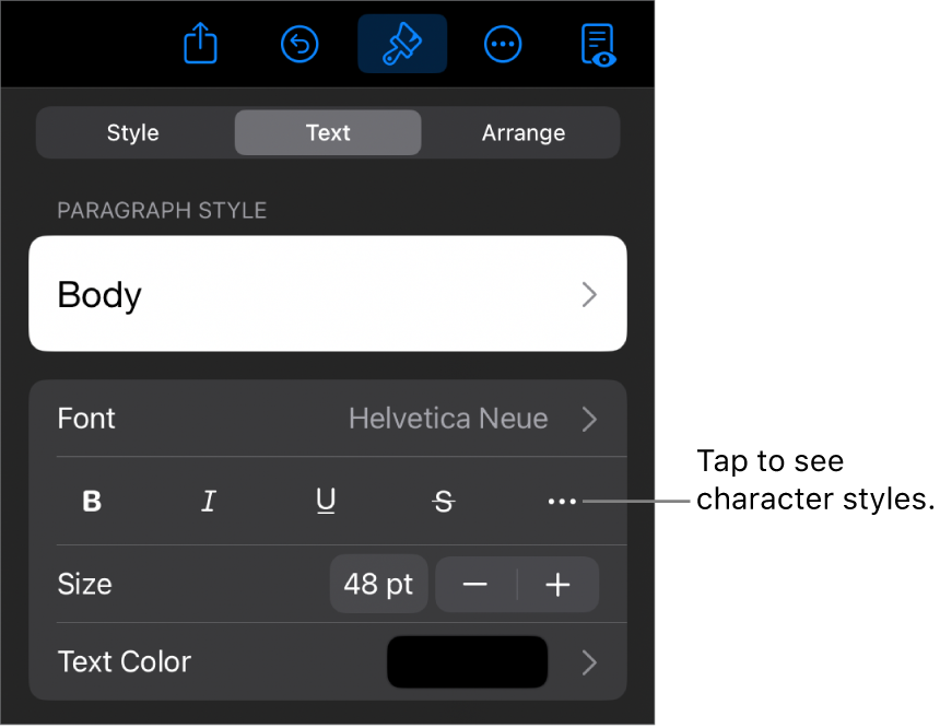 The Format controls with paragraph styles at the top, then Font controls. Below Font are the Bold, Italic, Underline, Strikethrough, and More Text Options buttons.
