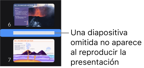 El navegador de diapositivas con una diapositiva omitida mostrándose como línea horizontal.