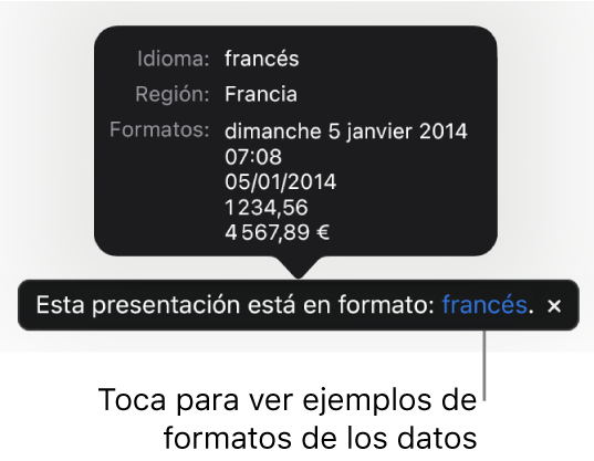 La notificación del ajuste de idioma y formato distinto, con ejemplos del formato en ese idioma y región.