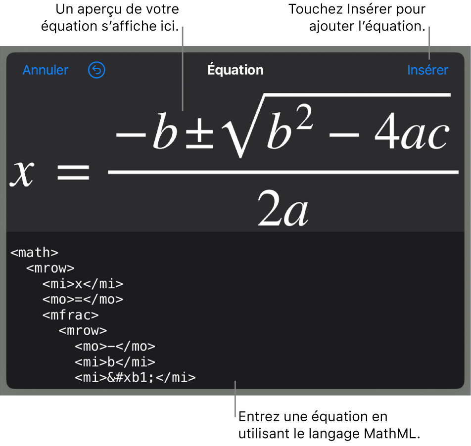 Zone de dialogue Équation, affichant une équation composée à l’aide des commandes MathML et aperçu de la formule au-dessus.