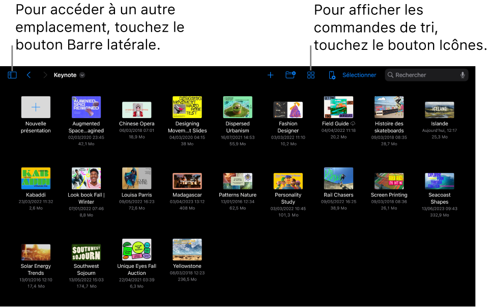 La présentation de navigation du gestionnaire de présentations avec le bouton Barre latérale dans le coin supérieur gauche. En haut à droite se trouvent le bouton Ajouter, le bouton Nouveau dossier, le bouton Icônes (pour trier par nom, par date, par taille ou par tag), le bouton Sélectionner et le bouton Rechercher. En dessous de ces éléments se trouvent les vignettes des présentations existantes.