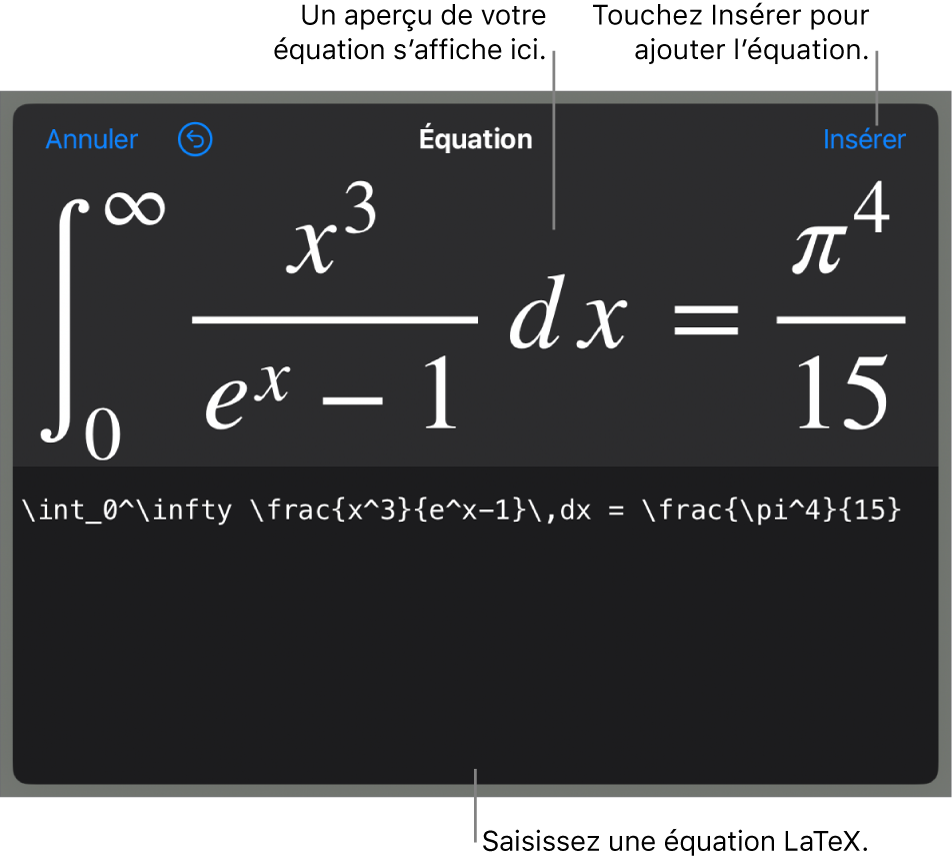 Zone de dialogue Équation, affichant une équation composée à l’aide des commandes LaTex et aperçu de la formule au-dessus.