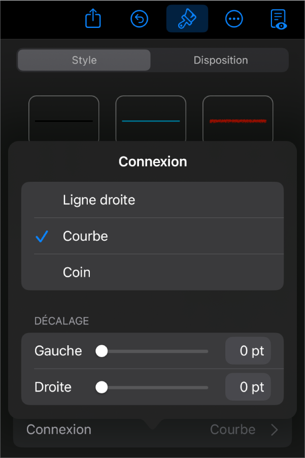 Les commandes Connexion avec l’option Courbe sélectionnée.