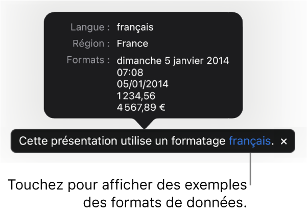 La notification du réglage de langue et de région différents, qui affiche des exemples de la mise en forme correspondant à cette langue et à cette région.