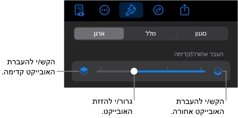 הכפתור ״העבר אחורה״, הכפתור ״העבר קדימה״ והמחוון של סידור בשכבות